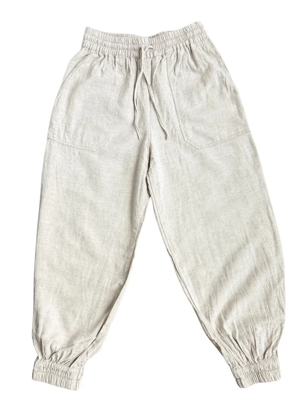Zara Linen Blend Jogger Pants Oatmeal Drawstring Elastic Waist Size Small